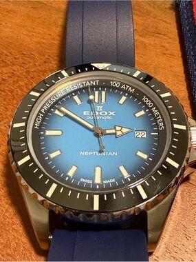 Edox Neptunian Blue Dial Diver Watch with Blue Strap